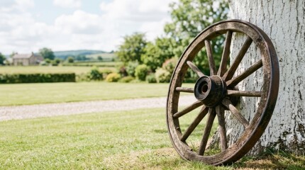 Fototapeta premium Antique wooden wagon wheel leaning on a textured tree trunk in a sunny rural landscape, perfect for rustic home decor or graphic design backgrounds