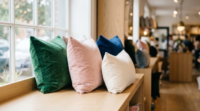Plush velvet pillows in jewel tones displayed on a pale oak shelf in a bright, modern retail store setting, perfect for home decor marketing.