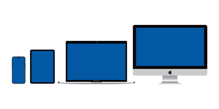 Apple device mockup collection. Front view and open device mockup set. Containing MacBook, iPad, iPhone, Apple studio Monitor. Vector illustration.
