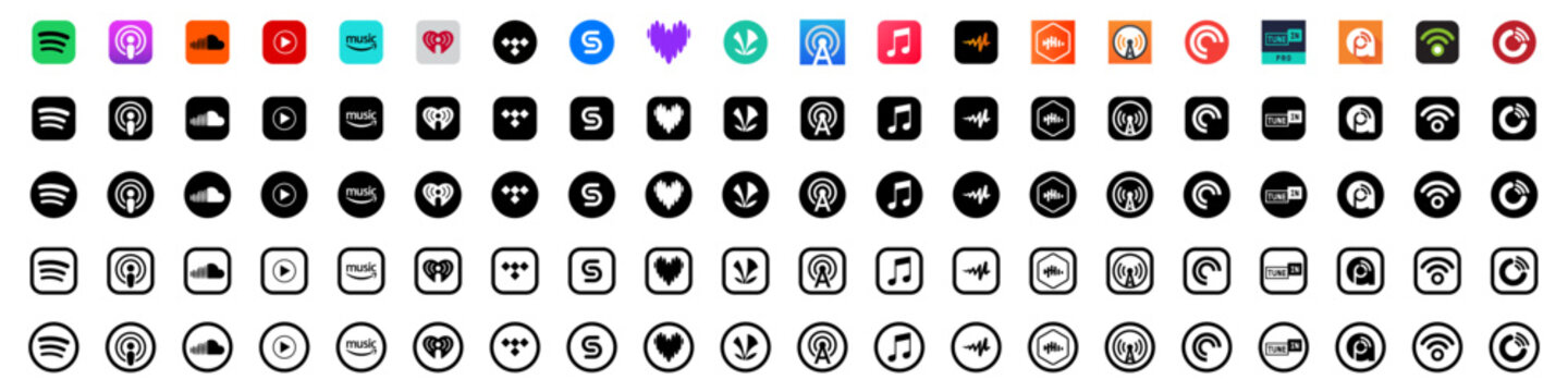 Music and podcasts apps logo collection. Popular music & podcast icon set. Containing Spotify, Apple, Amazon, iheartradio, Soundcloud, Tidal, Shazam etc. Audio Streaming apps vector illustration. 