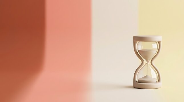 A minimalist hourglass sits on a soft surface against a background of warm pastel color gradients and shadows