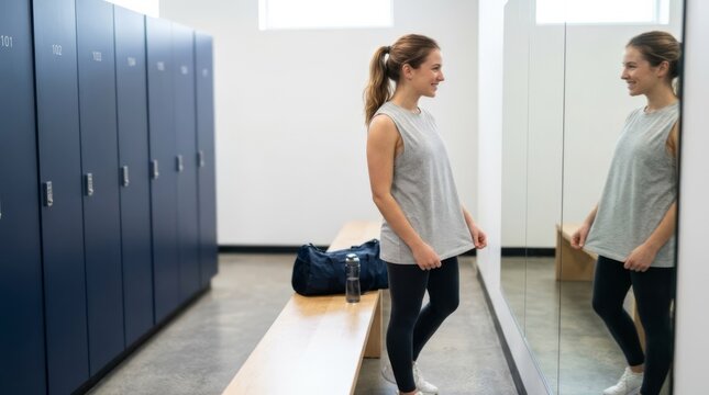 Woman in Sleeveless Top Checks Outfit in Locker Room Mirror - Bright Commercial Shoot with Copy Space