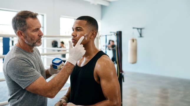 Cornerman applies protective petroleum jelly to boxer's face in brightly lit boxing gym, side composition with copy space for sports marketing