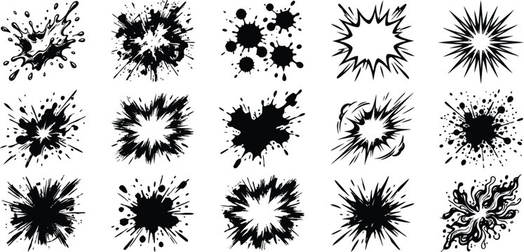 Set of black ink splatter and comic explosion shapes isolated on transparent background