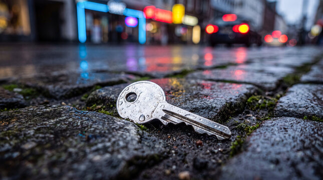 Lost metal key on wet cobblestone street. Dropped house key lying on city pavement at night.