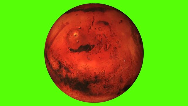 Seamless loop animation of the planet Mars rotating on its axis, isolated on a green chroma key background. Highly detailed and realistic 3D render with accurate surface textures