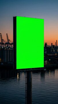 Billboard vertical green screen chroma key lightbox mockup at industrial port sunset timelapse