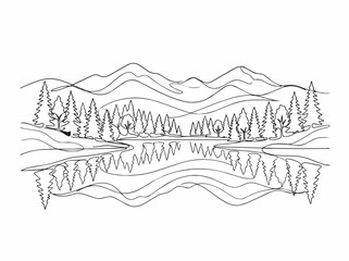 Fototapeta premium Minimalist mountain landscape with forest and lake reflection