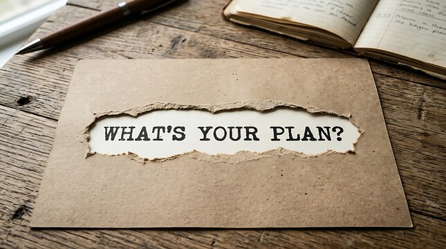 A conceptual image showing the text whats your plan written on a piece of torn paper on a desk