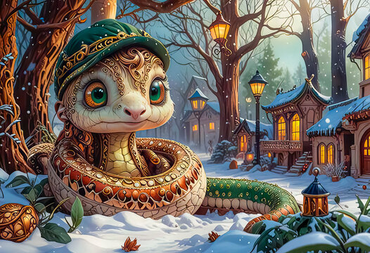 Portrait of a green snake in a Santa hat, Symbol of the year according to the Eastern calendar