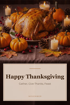 Vertical Thanksgiving greeting poster reading Happy Thanksgiving, with the line Gather, Give Thanks, Feast. Layered and fully editable, 2400 by 3600 pixels at 300 dpi.