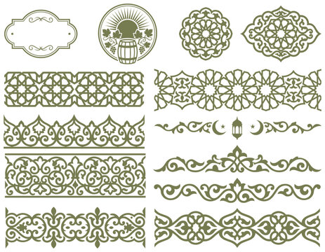 Arabic geometric borders and islamic ornament frames set with traditional pattern elements.