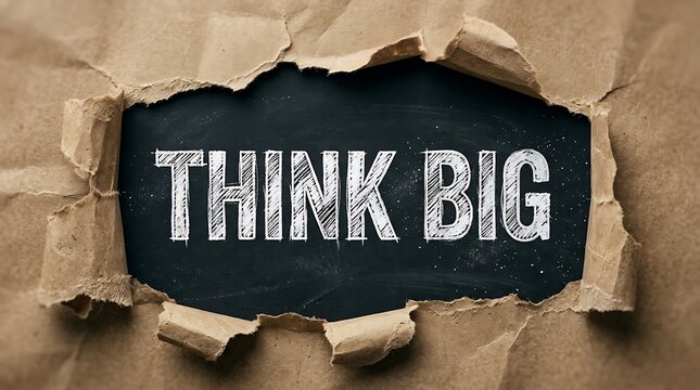 The phrase think big written in white chalk on a black chalkboard revealed through torn brown paper