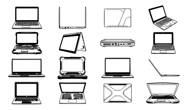 Notebook laptop computer icon set with different screen designs keyboard layouts and CAD vector silhouettes
