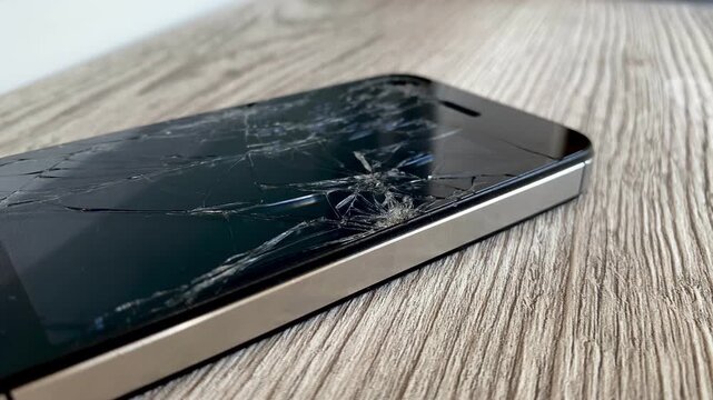 View of the broken phone screen. Cracked glass. A broken smartphone. Wooden background. Close up. 4k