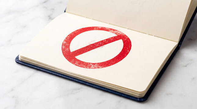 Passport with a red forbidden stamp. Travel document denied or entry restricted concept.