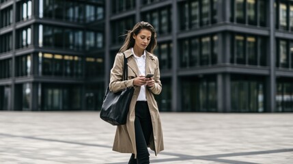 Obraz premium Successful businesswoman walking outdoors near a corporate building using her mobile phone