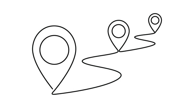Minimalist black vector graphic showing a winding path connecting three distinct map location pin markers