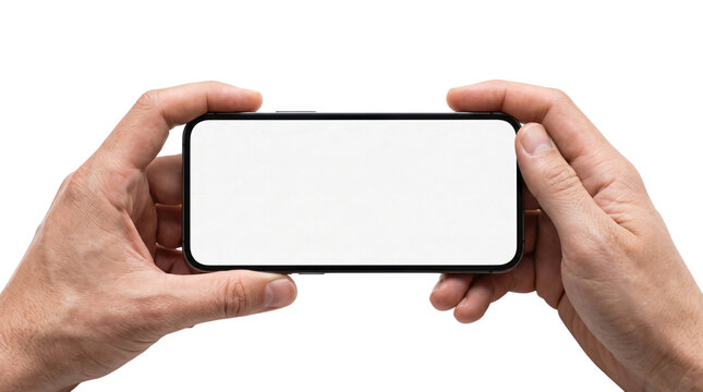 Horizontal smartphone mockup held by two hands, blank white screen on mobile phone, person holding cellphone in landscape orientation on white background