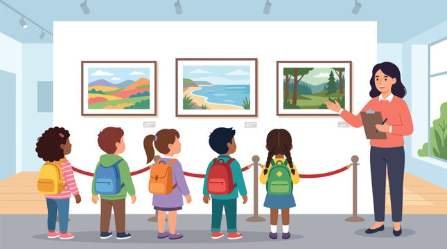 Friendly female guide teaching diverse group of school children in modern art museum vector illustration