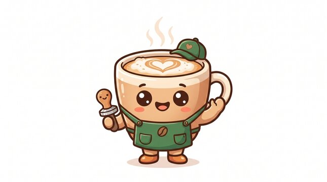 Cute coffee cup character illustration, personified as a friendly barista in apron and hat, holding a latte art tool and giving a thumbs-up