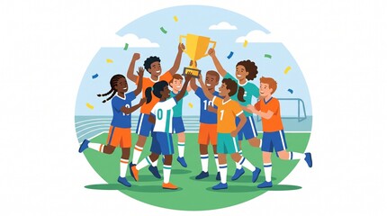 Fototapeta premium Diverse group of happy children celebrating a sports victory with a golden trophy on a soccer field.