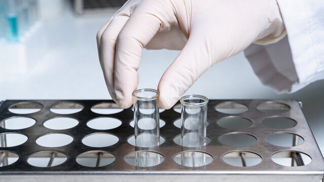 Laboratory research with test tubes in biotechnology and agritech study