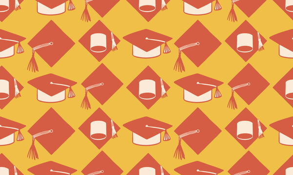 Seamless repeating pattern of graduation mortarboards and tassels in flat retro colors on a yellow background. Academic celebration backgrounds
