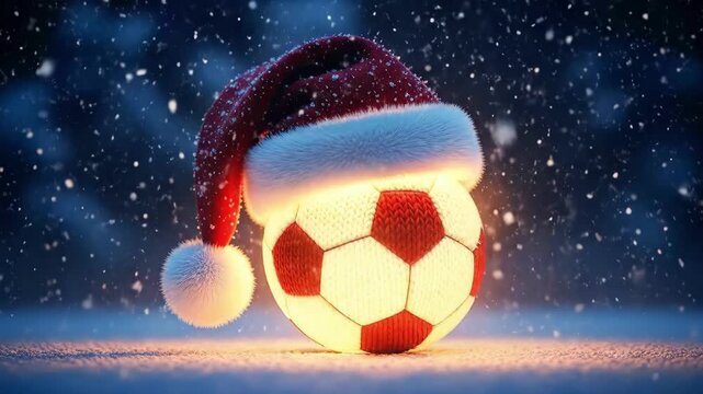 Knitted soccer ball wearing a Christmas santa hat on a snowy ground at night. Holiday sports season concept for Merry Christmas celebration.