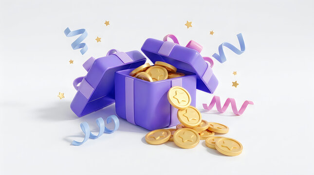 Open purple gift box spilling gold coins and curling ribbons with surprise celebration treasure