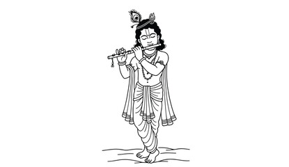 Obraz premium Hindu deity Krishna playing flute with peacock feather in hair