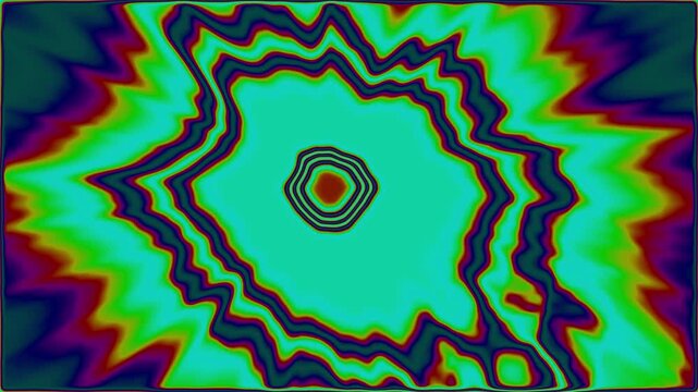 Vibrant psychedelic patterns pulse with radiant energy. Wavy colors swirl in hypnotic, trippy motion