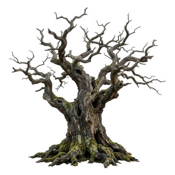 Ancient weathered dead tree with twisted branches isolated on a transparent background
