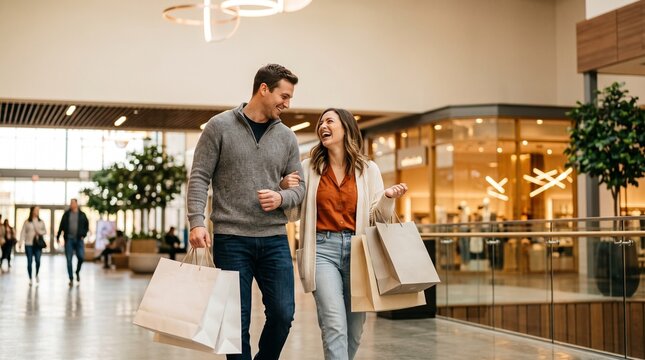 Happy couple enjoying shopping spree together carrying bags in a modern mall during a sale event