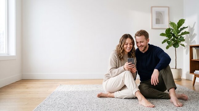 Happy couple sitting on floor looking at smartphone screen together sharing a moment of joy and connection