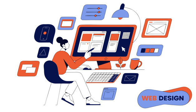 Very beautiful realistic vector illustration of a WEB DESIGN WORKSPACE featuring a bold creative label reading "WEB DESIGN", desktop monitor displaying responsive website layouts, UI wireframes, float