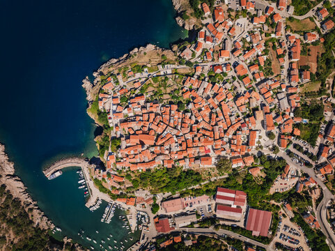 Top-down drone shot of Mediterranean old town buildings in Vrbnik Krk