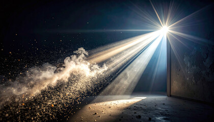 Obraz premium A powerful beam of light pierces a dark room, illuminating swirling dust particles in a cinematic background evoking hope, freedom, and revelation. Dramatic visual with no people.