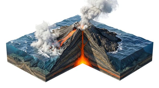 educational isometric cutaway of an erupting volcano isolated on white
