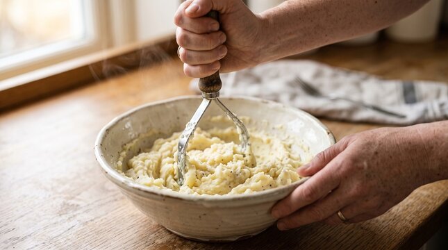 Hands mashing creamy potatoes in a rustic bowl with steam rising, preparing for a holiday feast