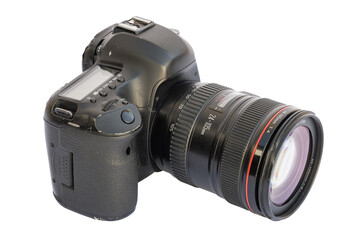 Fototapeta premium Professional DSLR camera with zoom lens on white background