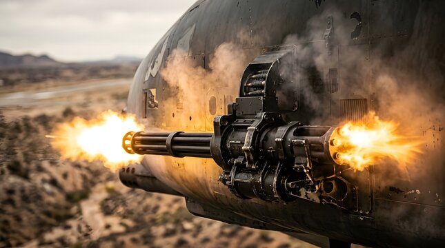 Military Helicopter Gatling Minigun Firing With Muzzle Flash And Smoke During Combat Flight Mission
