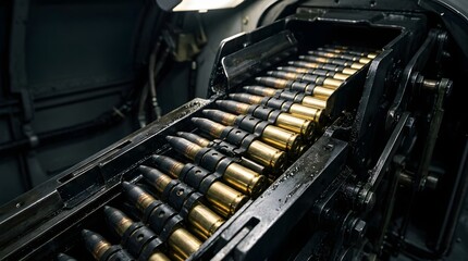 Obraz premium Close Up View Of Ammunition Belt Loaded With Bullets Inside Military Machine Gun Mechanism