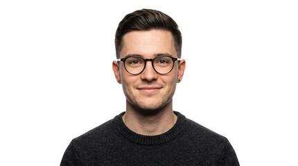 Naklejka premium Professional young man wearing glasses, confident male entrepreneur in black sweater, smiling businessman headshot isolated on white background