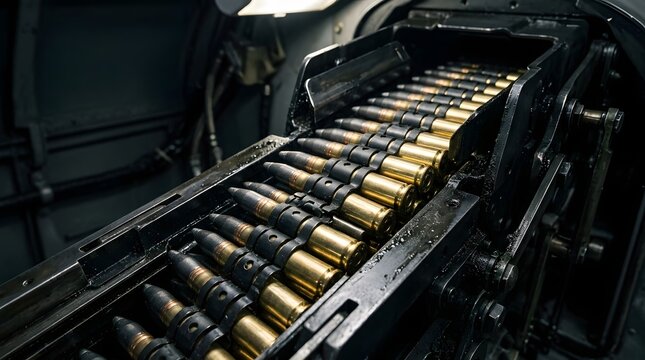 Close Up View Of Ammunition Belt Loaded With Bullets Inside Military Machine Gun Mechanism