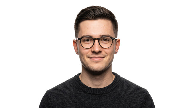 Professional young man wearing glasses, confident male entrepreneur in black sweater, smiling businessman headshot isolated on white background
