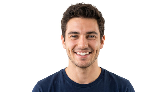 Smiling young man with brown hair, happy male portrait on white background, cheerful caucasian guy in blue t-shirt, friendly person headshot