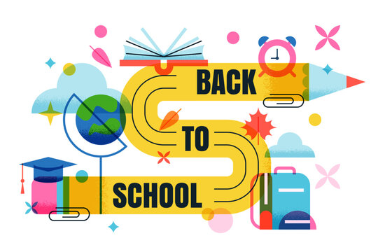 Vector geometric back to school banner. Abstract education design with long winding pencil, book, schoolbag, alarm clock