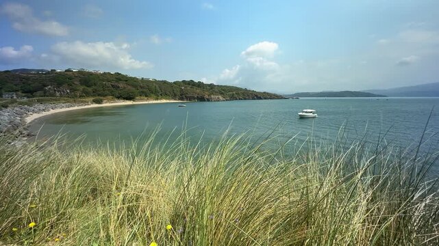 Morfa Bychan Sand Beach View towards Snowdonia Mountains near Porthmadog, Wales, UK