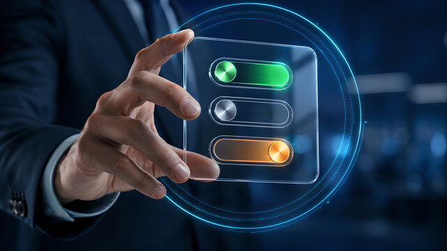 Businessman holding a digital interface with toggle switches for business management and technology control